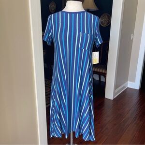 NWT LuLaRoe Women’s Carly High-Low Swing Dress Blue Vertical Stripes Size XXS